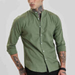 Olive Solid Slim Fit Mandarin Shirt
